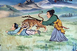 Females Prints: Zen painting, Taming the tiger within, Thean Hou Temple, Kuala Lumpur, Malaysia