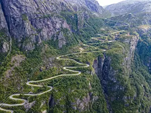 Zigzag road leading down to Lysebodn, at the end of Lystrefjord (Lysefjord), Rogaland