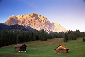 Austrian Prints: Zugspitze and barns at dusk, Wetterstein, Austrian Alps, Austria, Europe